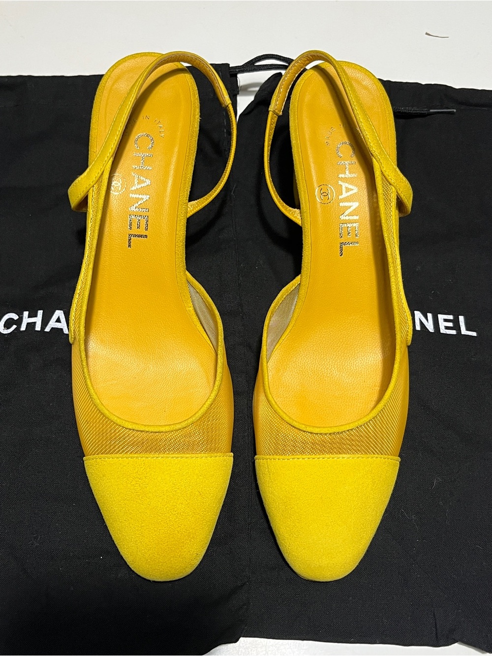 CHANEL Yellow Suede Slingback Mules with Mesh Panels